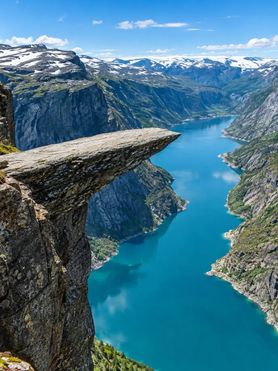 The Trolltunga rock ledge jutting out over a deep valley with a turquoise lake below