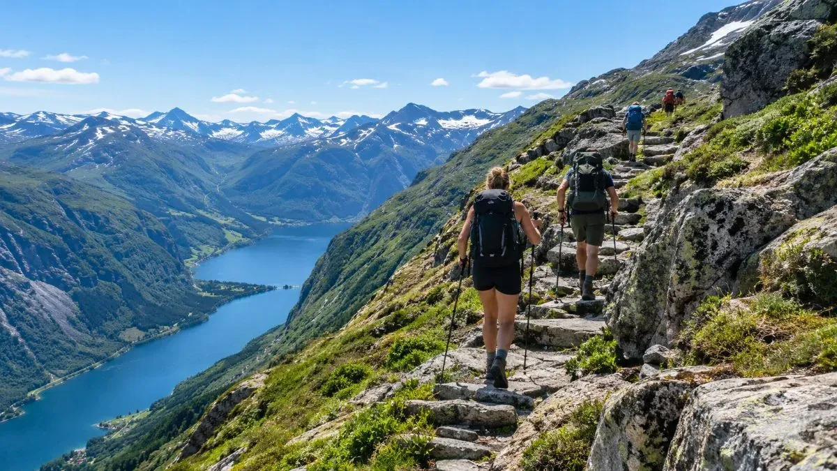 Hikers climbing a steep rocky trail toward a mountain pass above a valley