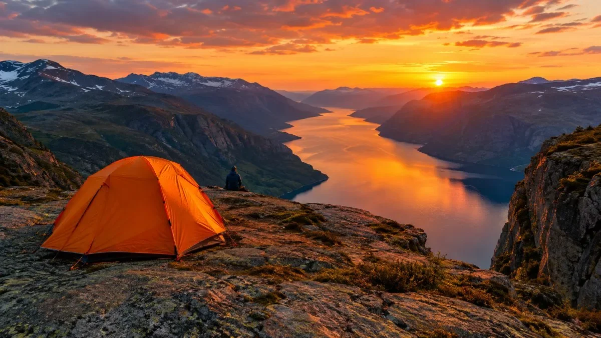 A tent pitched on granite near a cliff edge at sunset over a mountain lake